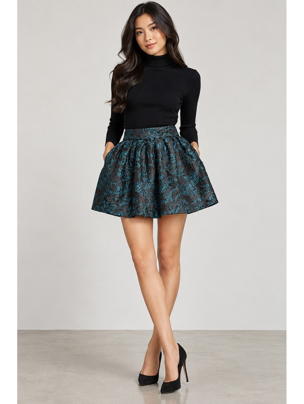 Alice + Olivia Stora Metallic Teal Black Jacquard Pleated Mini Skirt